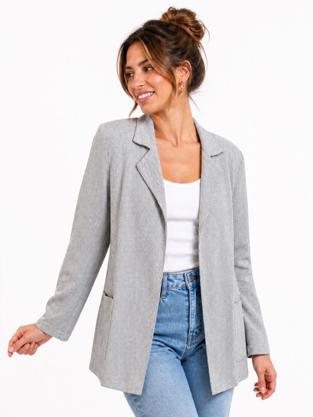 Stefanel Linen Blend Blazer Neutral Stripe Lightweight Italy quiet luxury casual